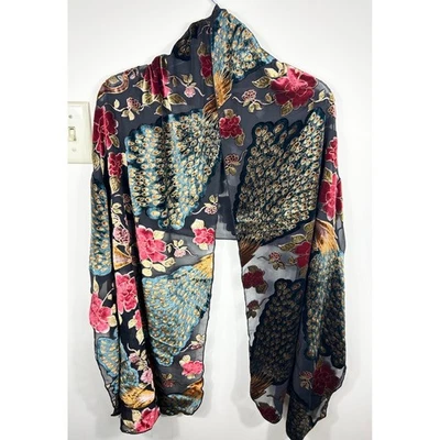 Velvet Burnout Peacock Floral Sheer Scarf Wrap Shawl Elegant Sophisticated - Image 1 of 4