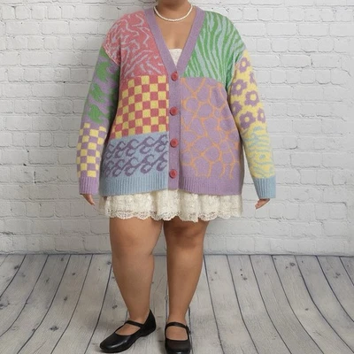 Cárdigan de gran tamaño para mujer patrón mediano retazos Y2K coqueta suéter Kidcore Foto 1 de 4