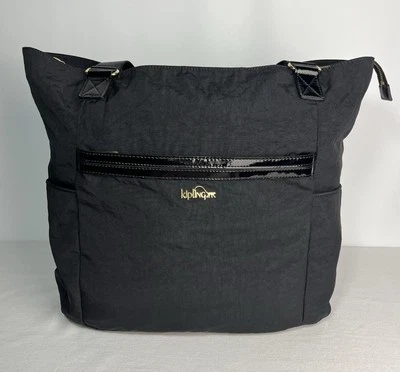 HTF Kipling LEAH 托特包黑色单肩包专利装饰状况完好 — 第 1/4 张图片