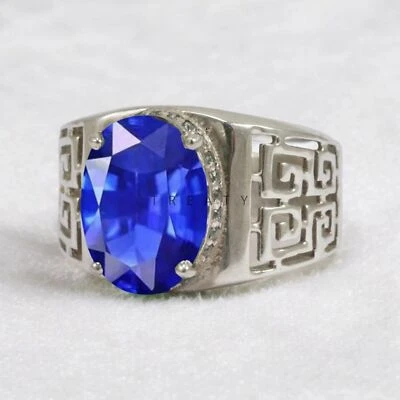 Piedras preciosas de zafiro azul de corte ovalado con anillo de plata de ley 925 para hombre #826 * Foto 1 de 4