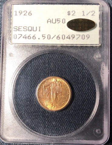 1926 $2.50 Sesquicentennial Gold Comm. PCGS AU50 ⭐️Gold CAC⭐️Old Rattler Cover