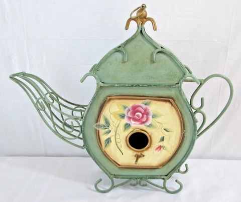 Metal Teapot Birdhouse Table Sitting or Hook For Hanging Decorative Green Cover