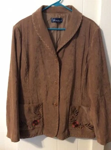 Susan Graver Style Faux Suede Blazer Tan Embroidered Red Flowers - Picture 1 of 6