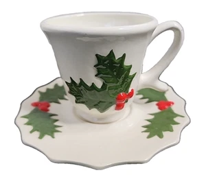 Christmas Holly Berry Ceramic Cup & Saucer Holiday Decor - Picture 1 of 10