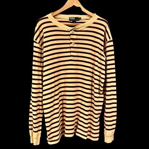 VTG 90s Polo Ralph Lauren Striped Henley 2 Button L/S Shirt Made in Hong Kong XL - Picture 1 of 4