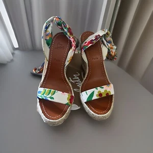 CHRISTIAN LOUBOUTIN Floral Satin Ankle Tie MONICA DU DESERT 110 Wedge Sandals 37 - Picture 1 of 8