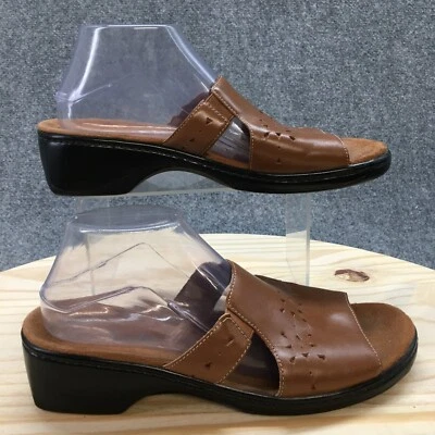 Clarks Sandals Womens 10 M Open Toe Slide Heels Comfort Brown Leather Slip On - Image 1 of 4