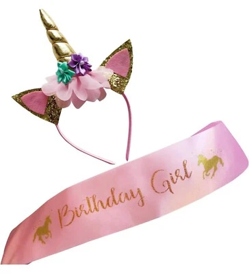 Diadema unicornio dorada brillante con flores de cuerno para niña Foto 1 de 4