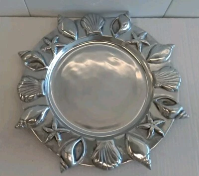 Aluminum 14" Round Serving Tray Mexican? Seashell Starfish Ocean Beach Theme - Image 1 of 4
