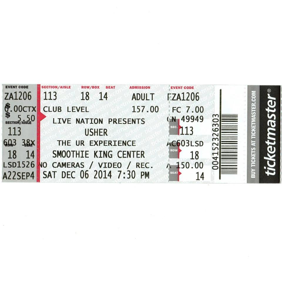 Boleto de concierto USHER talón completo NUEVA ORLEANS LOUISIANA 12/6/14 SMOOTHIE KING Foto 1 de 1