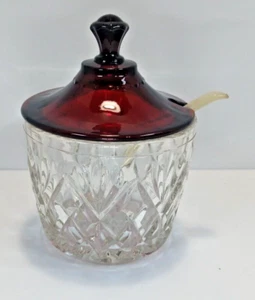 Vintage Anchor Hocking 'Prescut Clear' 5" Marmalade & Lid with Spoon - Picture 1 of 8