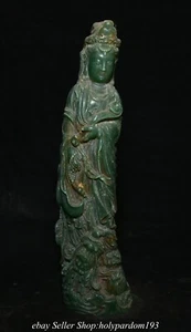 9.2" Old Chinese Green Jade Carved Kwan-yin Guan yin Boddhisattva Dragon Statue - Picture 1 of 12