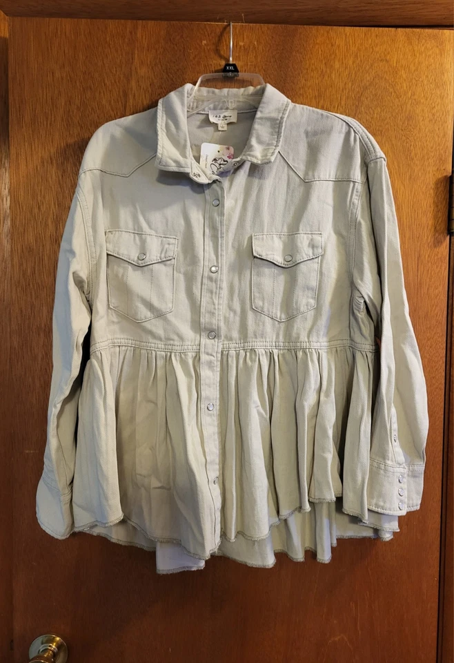 NWT 1.4.3. Story By Line Up Jean Jacket Beige Baby Doll Style Pearl Snaps Sz L - Image 1 of 4