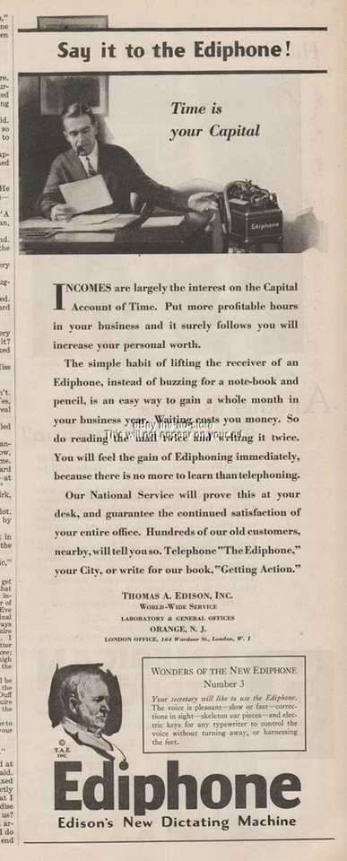 1928 Thomas A. Edison Inc Orange NJ Ediphone antique Dictation Machine ad - Image 1 of 1