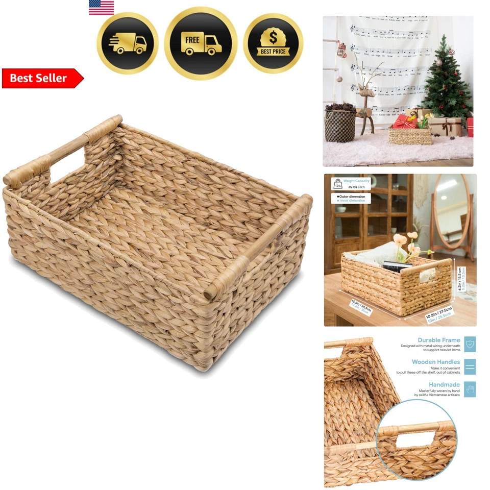 Wicker Basket Storage Organizing Bin Large Rectangular Water Hyacinth Shelf - Image 1 of 4