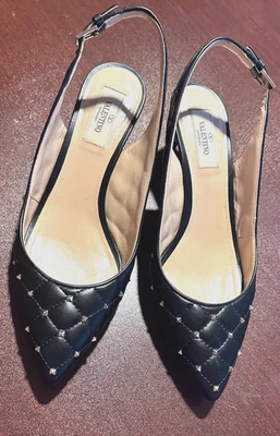 Valentino Rockstud Leather Pointed Toe Slingback Pumps Heels 2.5" IT38.5-US7.5 - Image 1 of 4