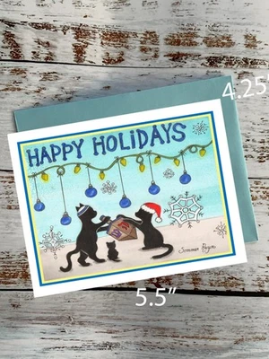Happy Holidays, Hanukkah cats and Christmas Cats, snowflakes, fun, notecard #386 - Image 1 of 2