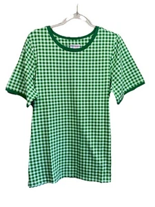Denim & Co Size 1X Green & White Gingham Check Stretch Top Short Sleeves. NEW - Picture 1 of 7