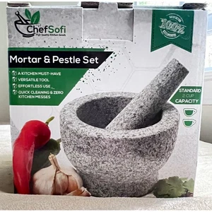 ChefSofi Mortar & Pestle Set 2 Cup Capacity Unpolished Granite - Picture 1 of 6