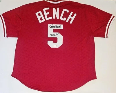 Johnny Bench Signed Reds Mitchell Ness Authentic Jersey w/1968 NL ROY Fanatics - Image 1 of 4