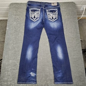 Pantalones de mezclilla Affliction Ace para hombre 36x32 azules desgastados bordados bolsillos - Imagen 1 de 12