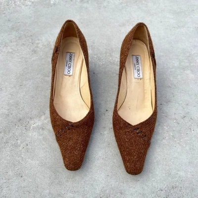 Jimmy Choo | Auth Tan Tweed Leather Stitching Pointed Toe Kitten Heels (39.5) - Image 1 of 4