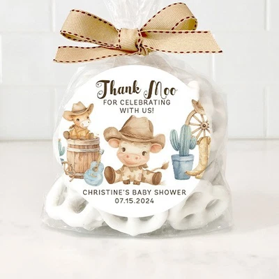 Pegatinas de agradecimiento vaquero baby shower, pegatinas de favor de vaca, etiquetas impresas de fiesta Foto 1 de 4