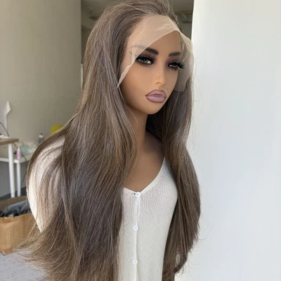 Peluca frontal de encaje HD para mujer marrón mezcla rubia suave larga recta cabello resistente al calor Foto 1 de 4