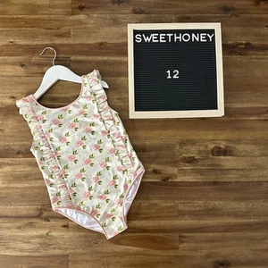 NEW SweetHoney Leotard Peony Rose Floral Cream Pink Dot Sleeveless Ruffle 12  - Picture 1 of 6