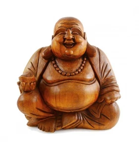 Statue Bouddha chinois rieur en bois sculpté main - Imagen 1 de 6