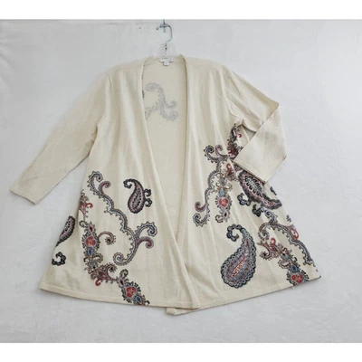 J. Jill Womens Small Petite Cardigan Sweater Off White Paisley Open Front - Image 1 of 4