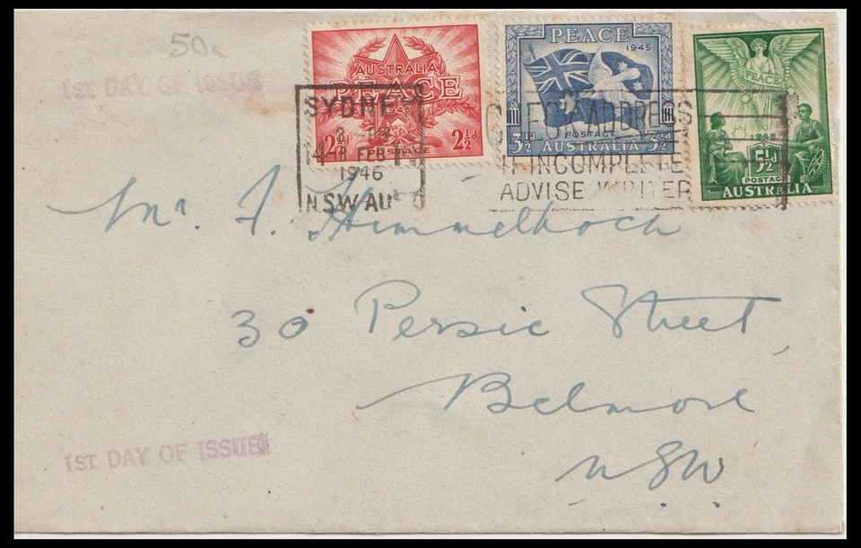 AUSTRALIA 1946 PEACE FIRST DAY OF ISSUE (JF) - Image 1 of 1