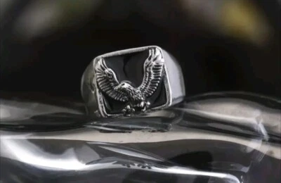 Men's Fashion Hip Hop Black Elegant + Eagle Figured  Silver  Ring Size 12 NWT - Image 1 of 4