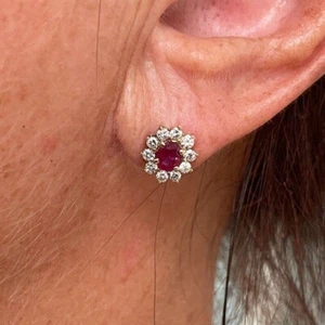 Women's Gift 1.50ct Red Ruby & Diamond Cluster Stud Earrings In 14K Yellow Gold - Picture 1 of 12
