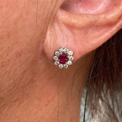 Women's Gift 1.50ct Red Ruby & Diamond Cluster Stud Earrings In 14K Yellow Gold - Image 1 of 4