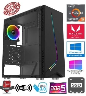RYZEN 5 GAMING PC - AMD RYZEN 5 7600 AM5 32GB DDR5 RAM 1TB SSD RADEON GRAPHICS - Image 1 of 4