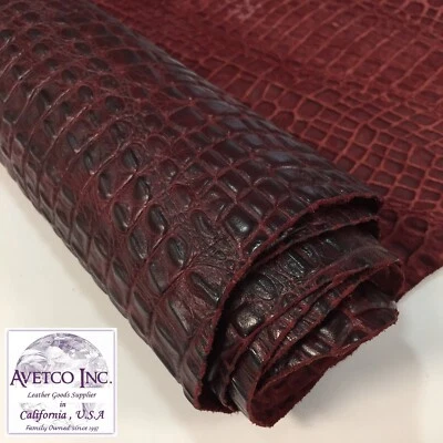 Cuero de vaca en relieve cocodrilo rojo borgoña corte áspero por pie cuadrado Foto 1 de 4