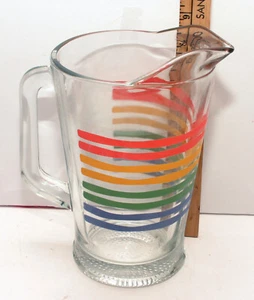 Vintage Rainbow Stripe Pitcher With Ice Lip 9" Colorful Heavy Iced Tea Lemonade - Picture 1 of 5