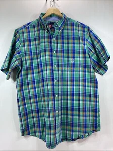 CHAPS Easy Care Plaid Button-Down Short Sleeve Green/Blue Shirt Men’s Large 50” - Picture 1 of 8