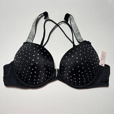 Victoria's Secret 38DD Bombshell Push-up-Bikini Oberteil Glam-Cups Glanz Träger schwarz - Bild 1 von 4