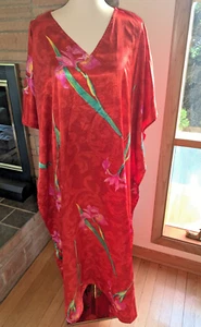 Vintage Winlar rot tropisch Blumen Satin Cover Kaftan Tunika 90er - Bild 1 von 4
