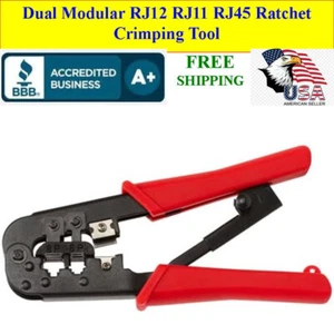 Dual Modular RJ12 RJ11 RJ45 Ratchet Crimping Tool Builtin Cable Stripper, Cutter - Picture 1 of 4