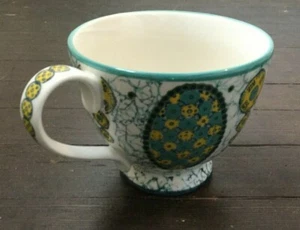 Anthropologie Coffee Mug Kebaya Footed Pedestal Tea Cup Teal Blue Yellow 12 oz - Picture 1 of 5