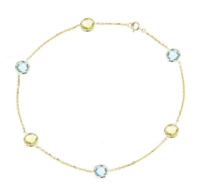 Pulsera tobillera de oro amarillo de 14K con piedras preciosas de topacio azul y limón de 11 pulgadas Foto 1 de 2