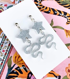 Stars and Snakes, Glittery Acrylic Earrings, Stainless Steel Studs - Picture 1 of 5