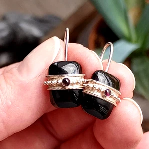 Smithsonian 925 Sterling Silver Black Onyx Amethyst Dangle Drop Earrings - Picture 1 of 7