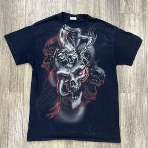 Vintage Y2K Skull Dragon Smoke T Shirt Size Medium Black Red Grunge Goth Biker - Picture 1 of 7
