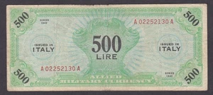 [VF, No Tears or Holes] 1943 Italy 500 Lire P-M16b A02252130A [013-1] - Picture 1 of 2
