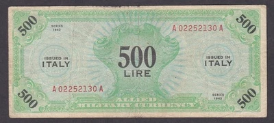 [VF, No Tears or Holes] 1943 Italy 500 Lire P-M16b A02252130A [013-1] - Image 1 of 2