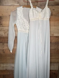 GORGEOUS VINTAGE OLGA Peignoir Set Blue 32/34 Pajamas Lingerie Elegant Lace - Picture 1 of 13